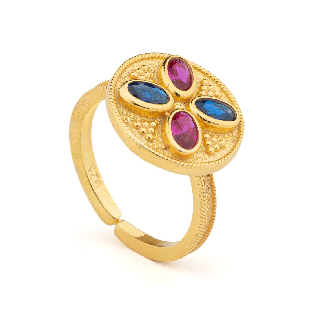Byzantine Round Ring in 925 Sterling Silver Gold-Plated with Multicolor Oval Zircons