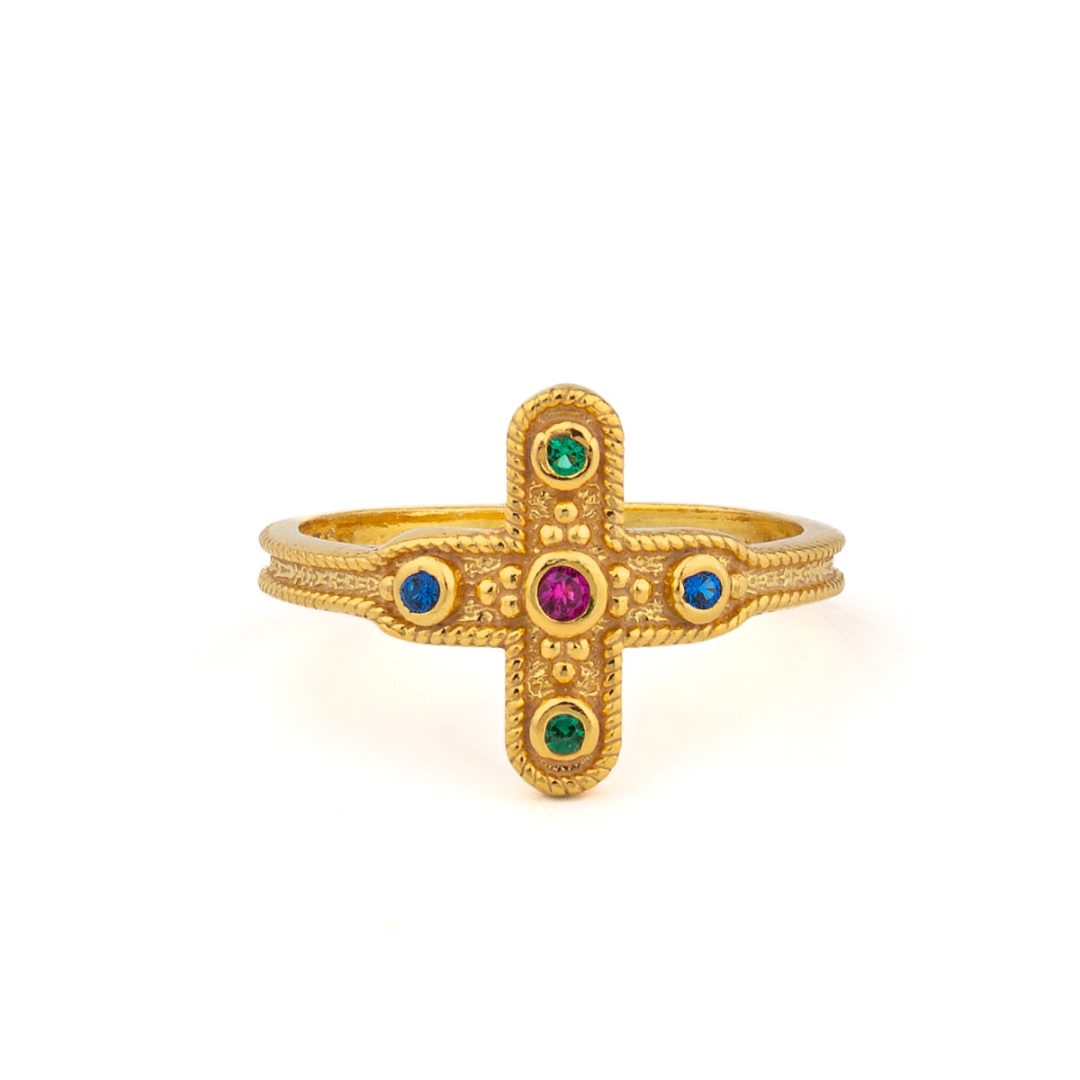 Byzantine Cross Ring in 925 Sterling Silver Gold Plated with Multicolor Zircons