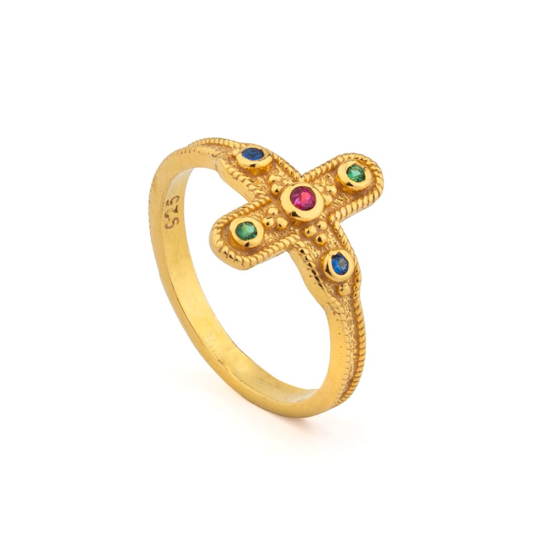 Byzantine Cross Ring in 925 Sterling Silver Gold Plated with Multicolor Zircons
