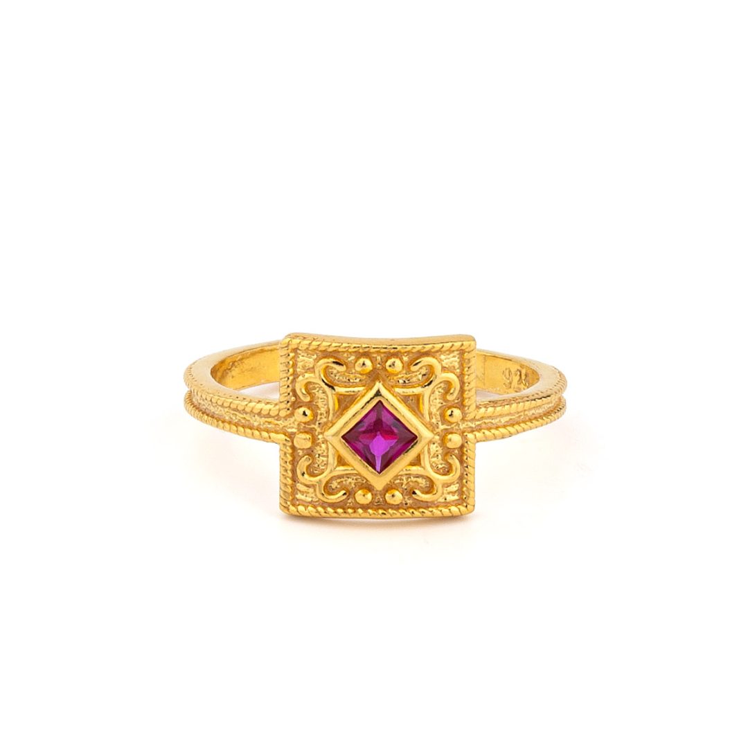 Byzantine Square Ring in 925 Sterling Silver Gold Plated with Zircon