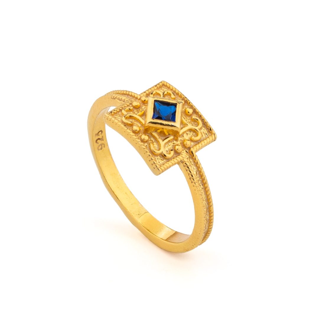 Byzantine Square Ring in 925 Sterling Silver Gold Plated with Zircon — Blue