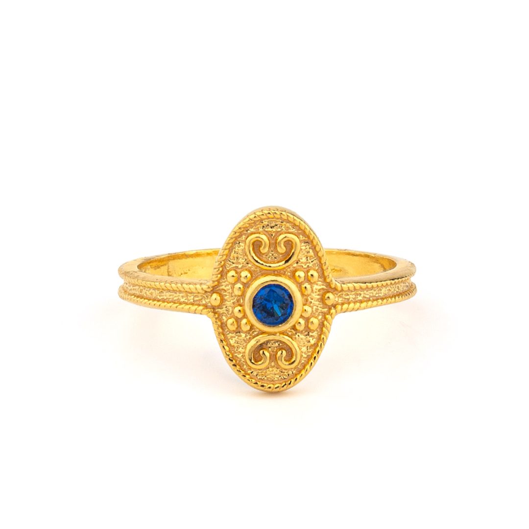 Byzantine Oval Ring in 925 Sterling Silver Gold-Plated with Round Zircon — Blue