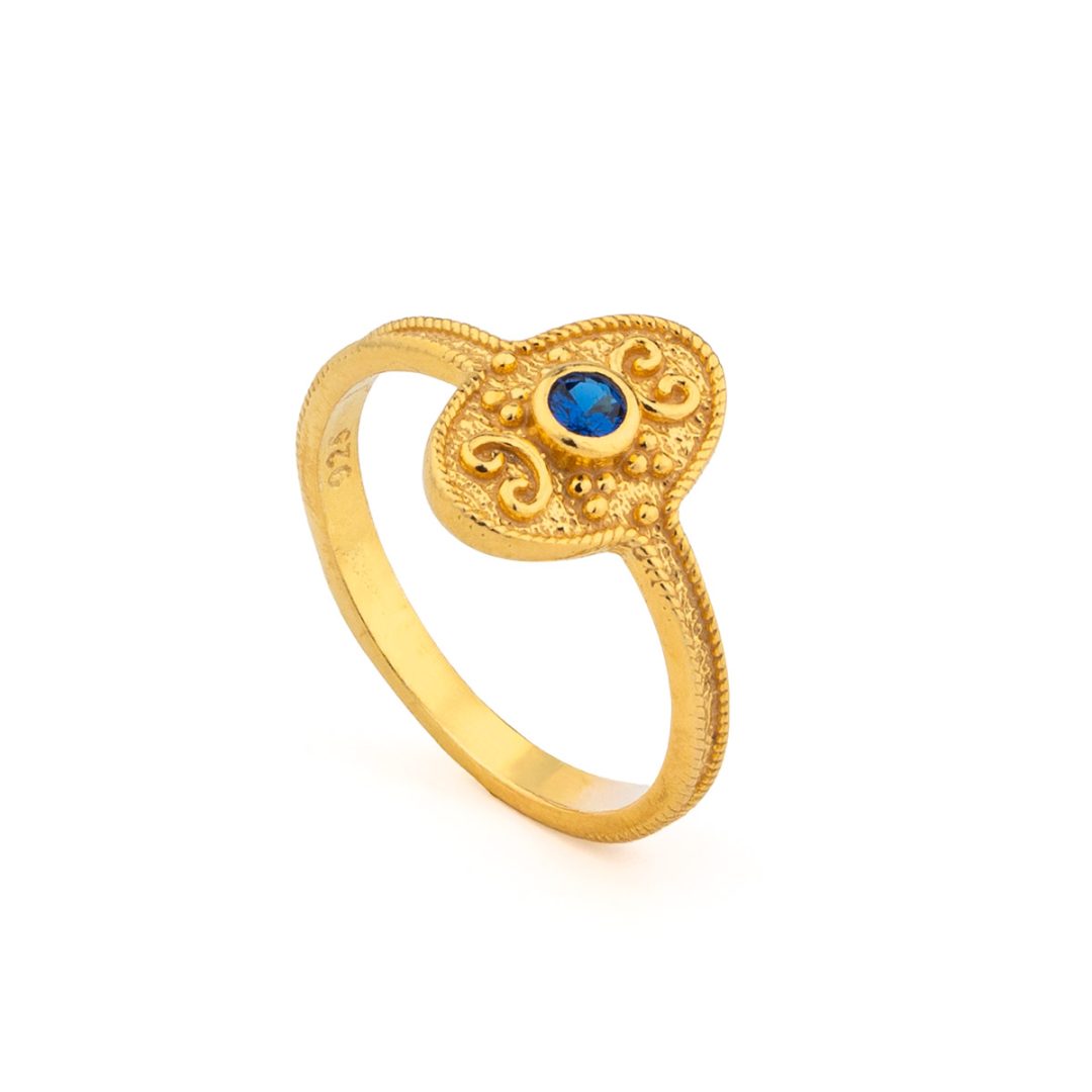 Byzantine Oval Ring in 925 Sterling Silver Gold-Plated with Round Zircon — Blue