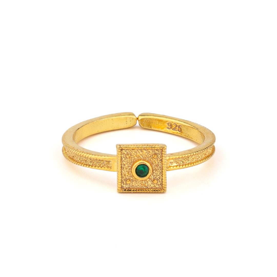 Byzantine Square Ring in 925 Sterling Silver Gold Plated with Round Zircon — Green
