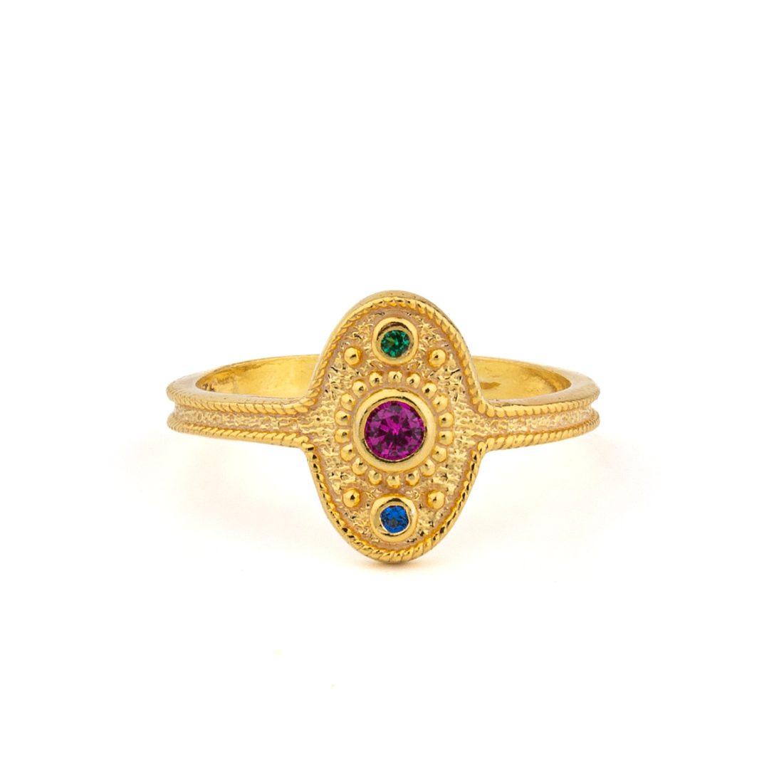 Byzantine Oval Ring in 925 Sterling Silver Gold-Plated with Multicolor Zircons