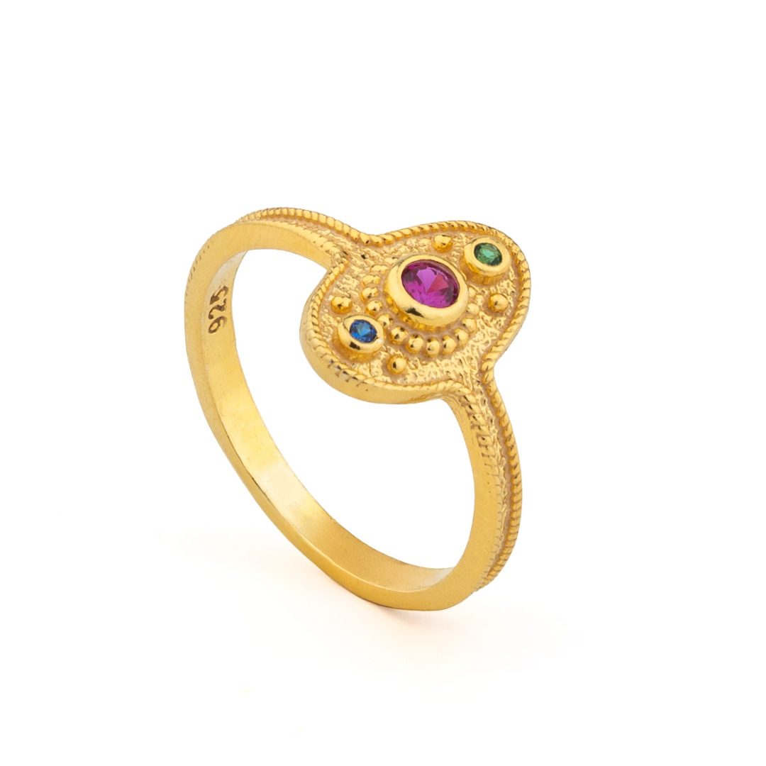 Byzantine Oval Ring in 925 Sterling Silver Gold-Plated with Multicolor Zircons