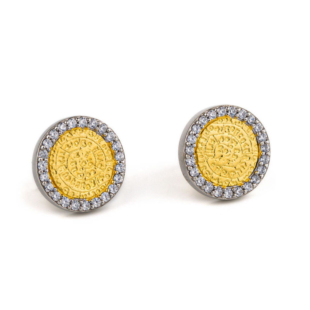 Phaistos Disk Stud Zircon Earrings - 925 Sterling Silver Gold Plated