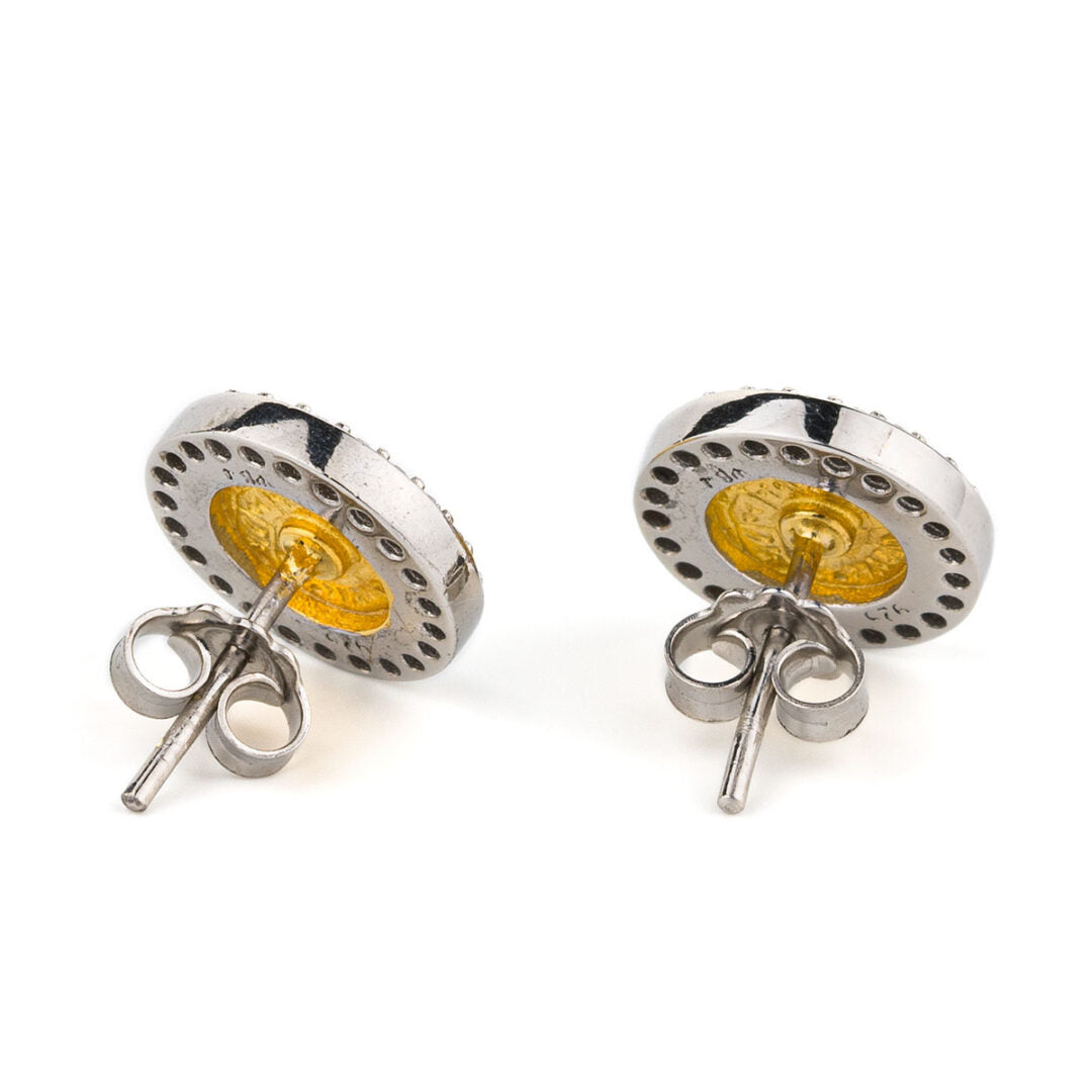 Phaistos Disk Stud Zircon Earrings - 925 Sterling Silver Gold Plated