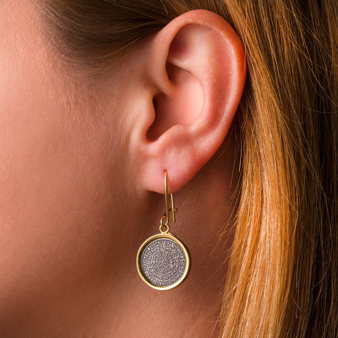 Phaistos Disc Dangle Earrings – Sterling Silver and Gold Plated