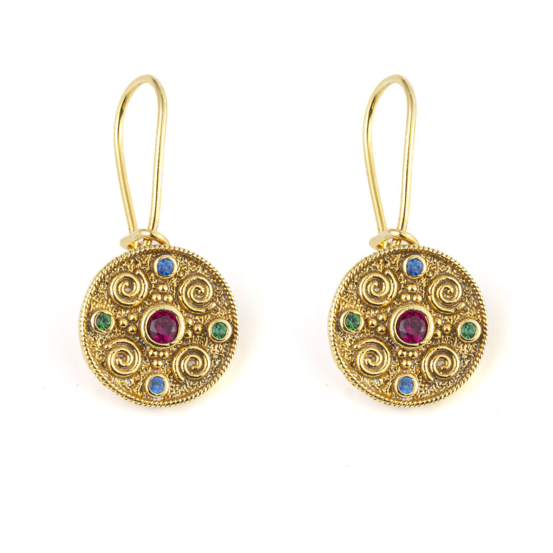 Round Byzantine Earrings with CZ - Sterling Silver and Gold Plated