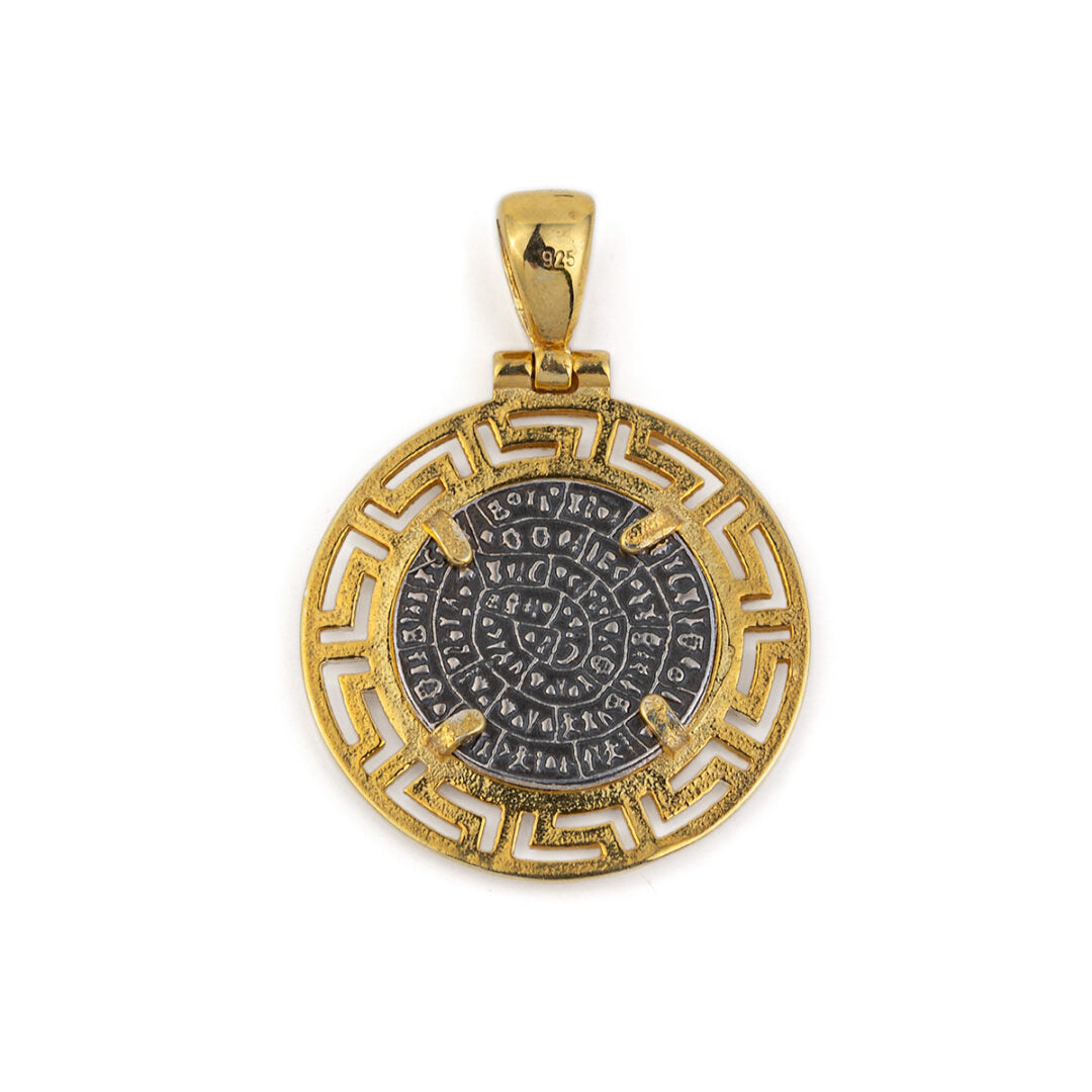 Greek Key Phaistos Disc Pendant – Sterling Silver and Gold Plated