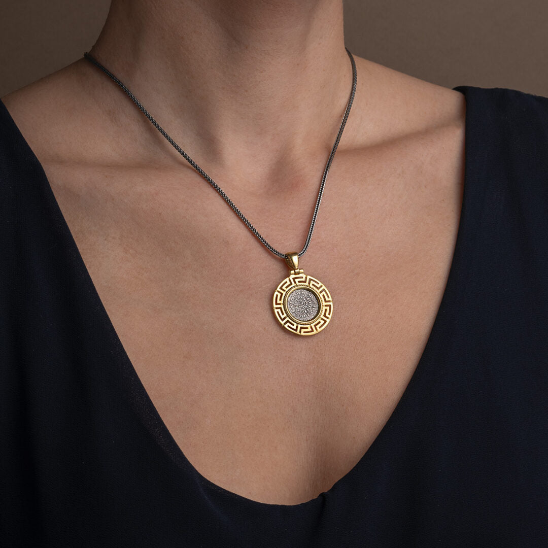 Greek Key Phaistos Disc Pendant – Sterling Silver and Gold Plated