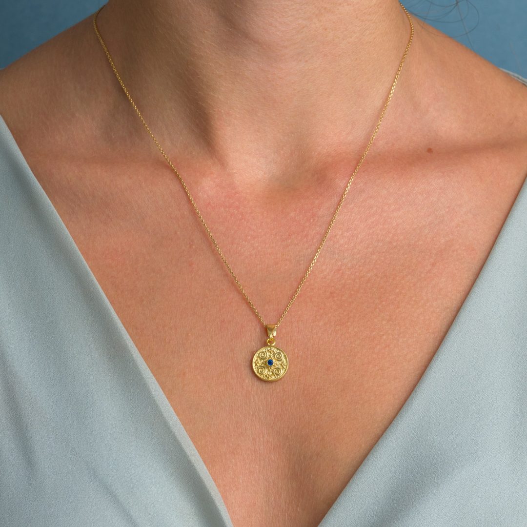 Byzantine Circle Pendant with Zircon 925 Sterling Silver Gold Plated
