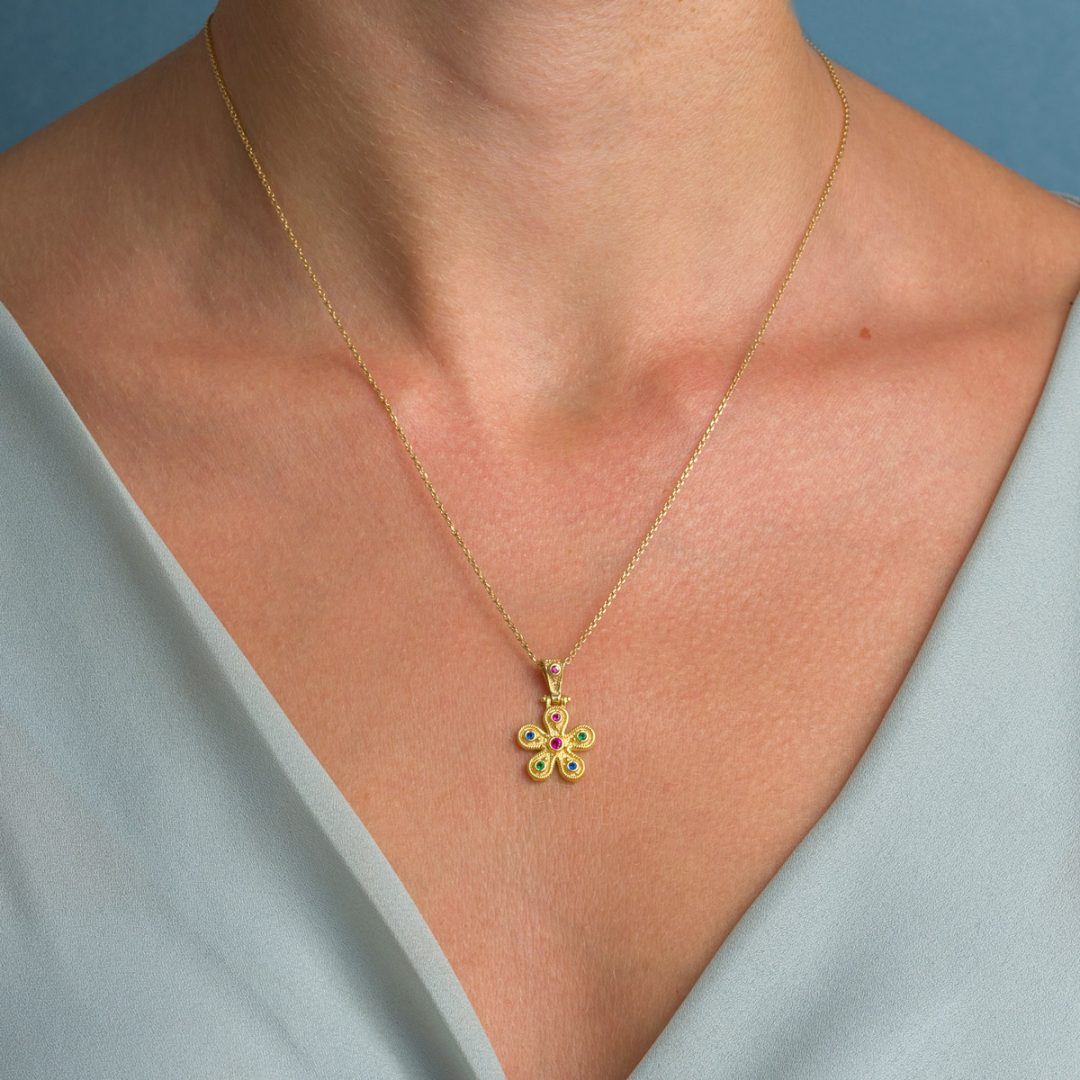 Byzantine Flower Pendant in Gold Plated 925 Silver with Zircons