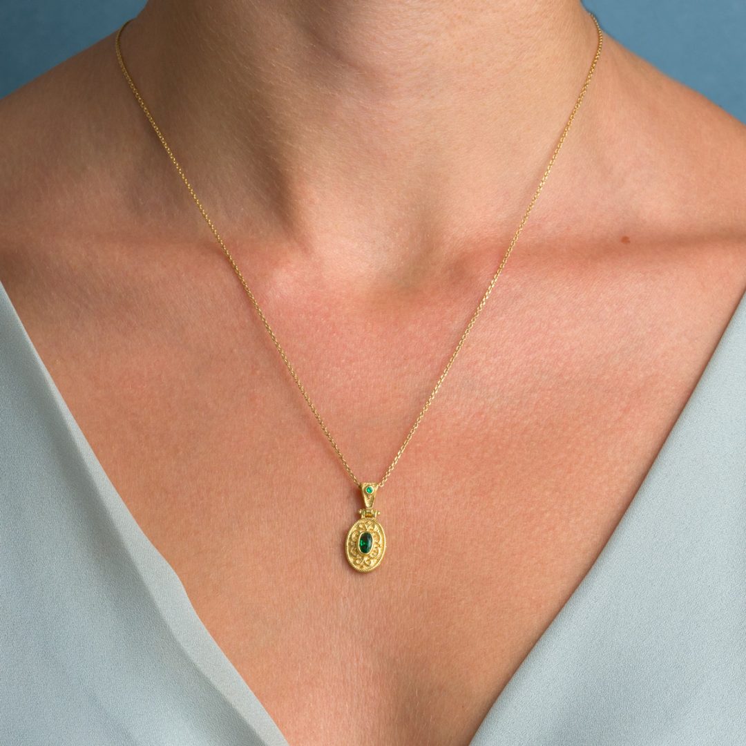 Byzantine Oval Pendant with Zircon 925 Sterling Silver Gold Plated