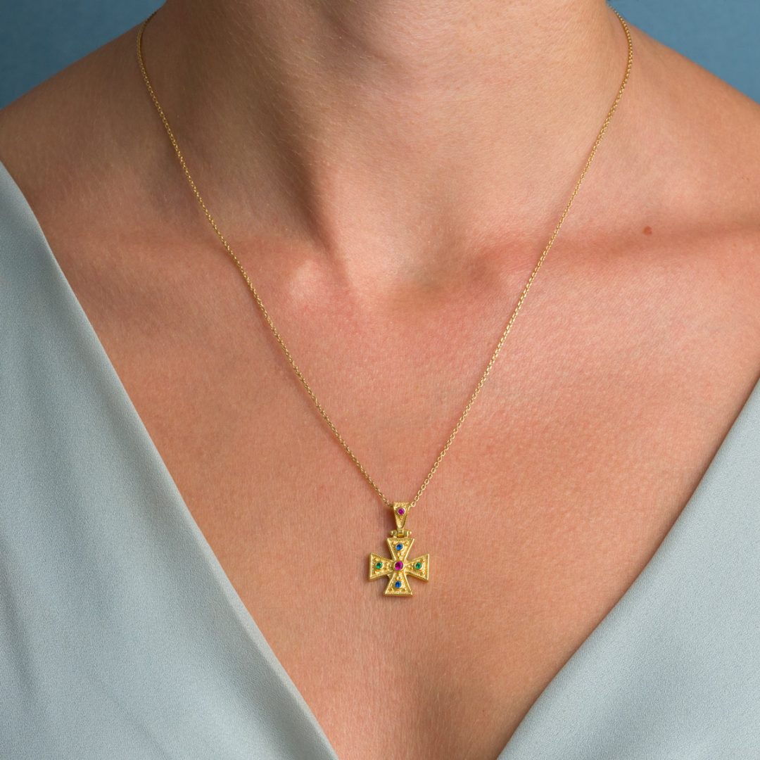Byzantine Cross Pendant in 925 Sterling Silver Gold Plated with Multicolor Zircons