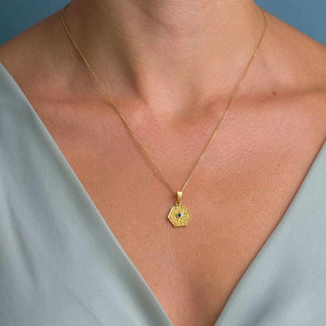 Byzantine Polygon Pendant with Zircon Stone in Gold Plated 925 Sterling Silver