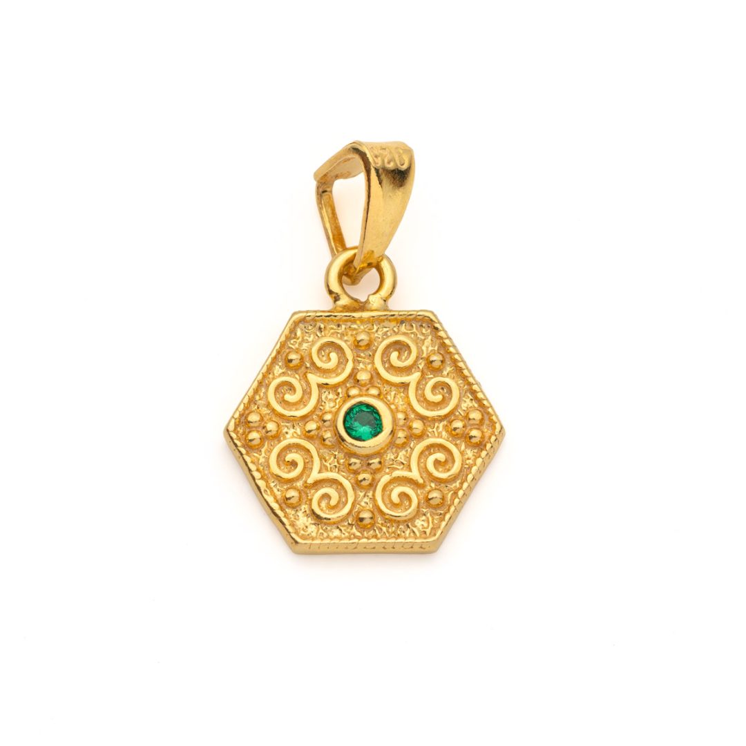 Byzantine Polygon Pendant with Zircon Stone in Gold Plated 925 Sterling Silver