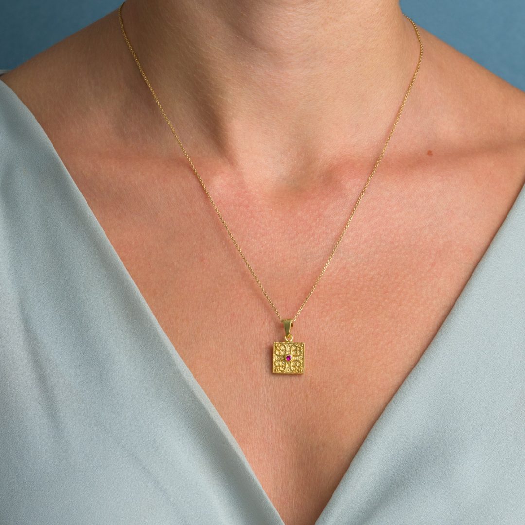 Byzantine Square Pendant in Gold Plated 925 Silver with Zircon