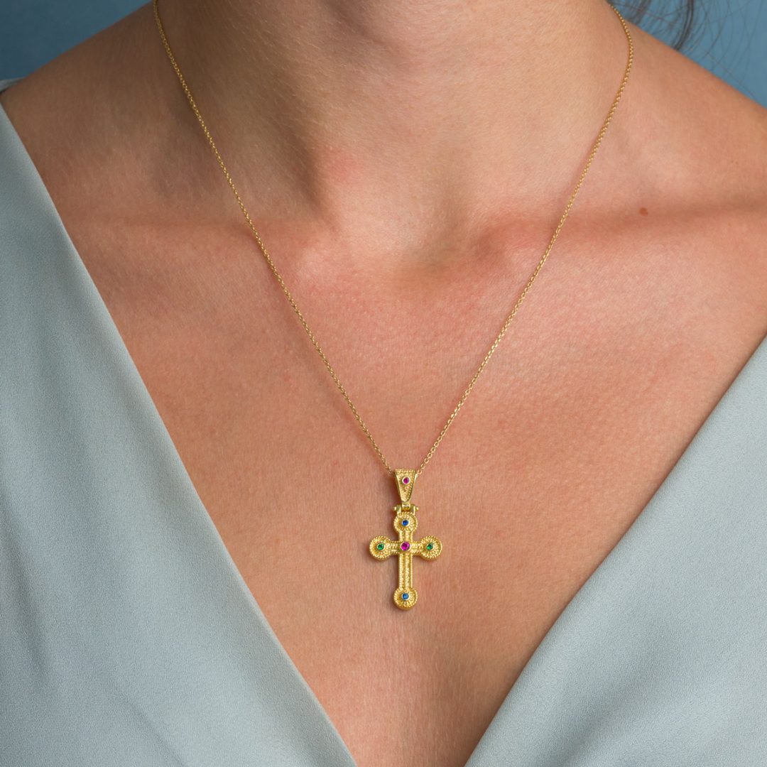 Byzantine Cross Pendant in 925 Sterling Silver Gold Plated with Zircons