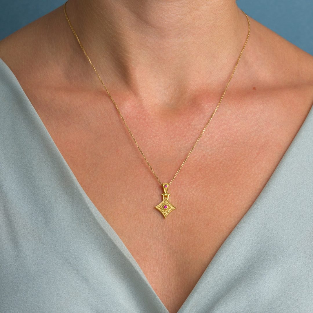 Byzantine Rhombus Pendant in Gold Plated 925 Silver with Zircon