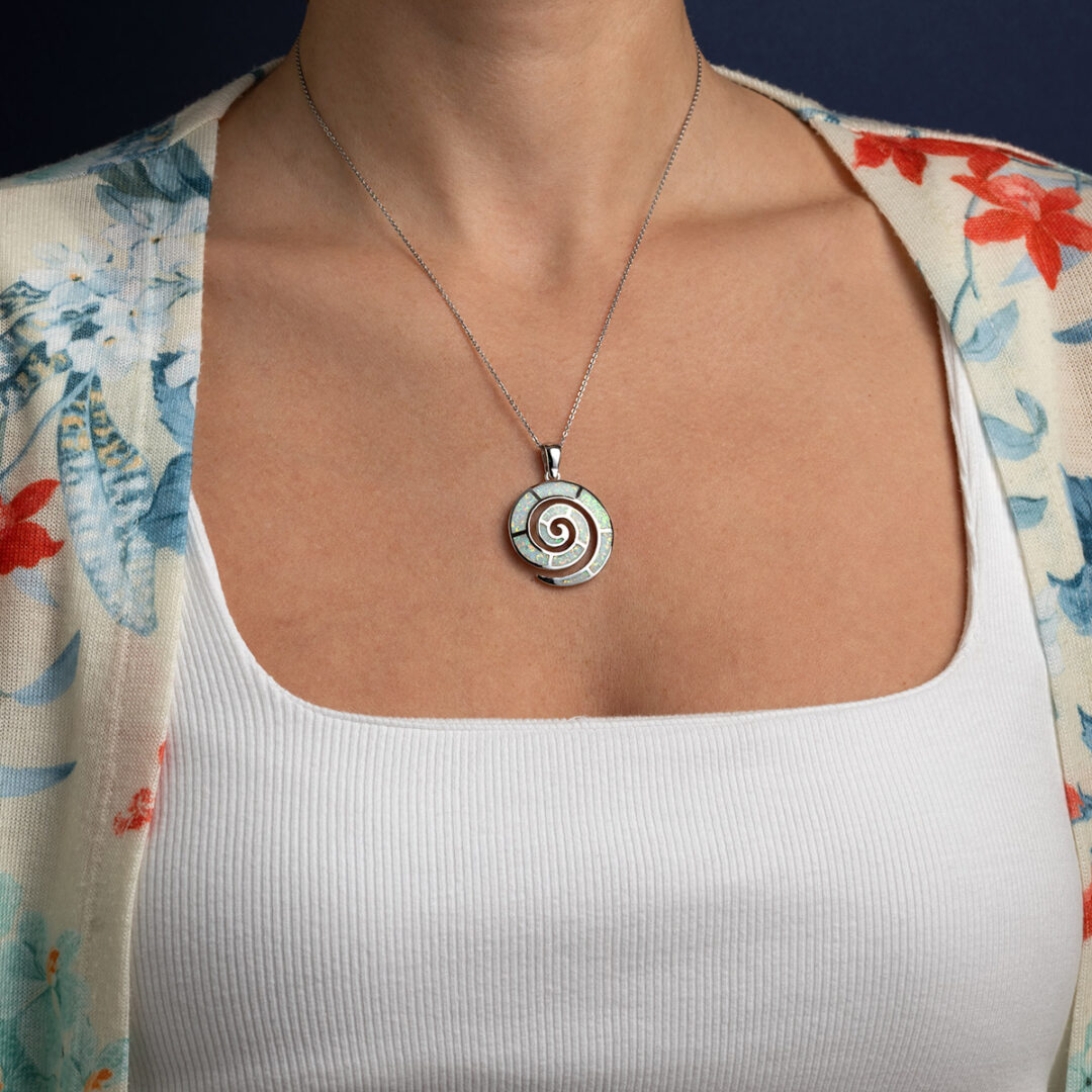 Spiral Pendant - Sterling Silver with White Opal