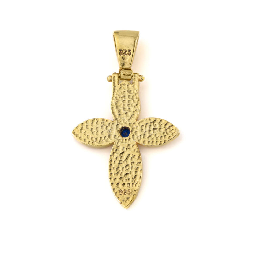 Byzantine Cross with Blue Stone - 925 Sterling Silver Gold Plated