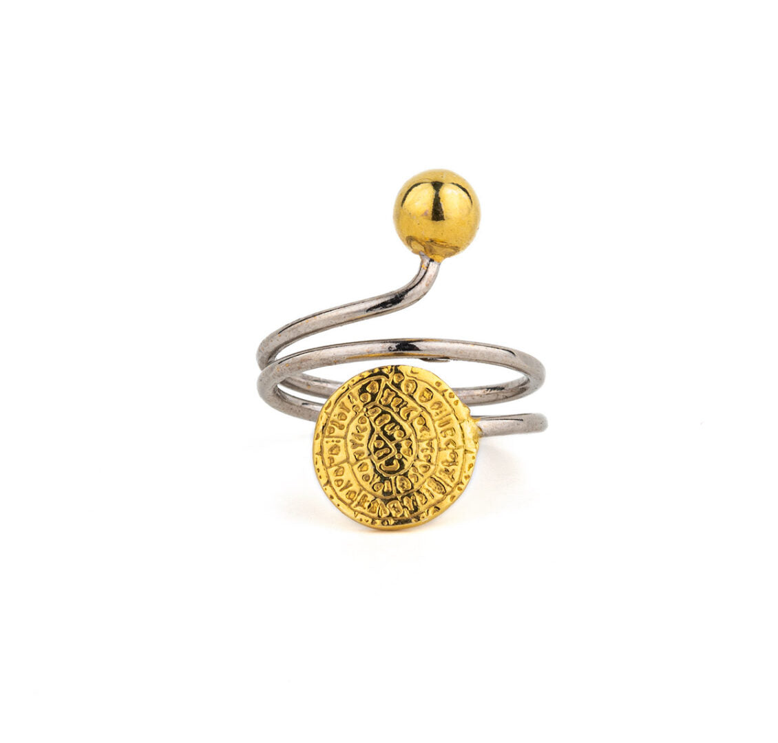 Adjustable Phaistos Disc Ring – 925 Sterling Silver and Gold Plated