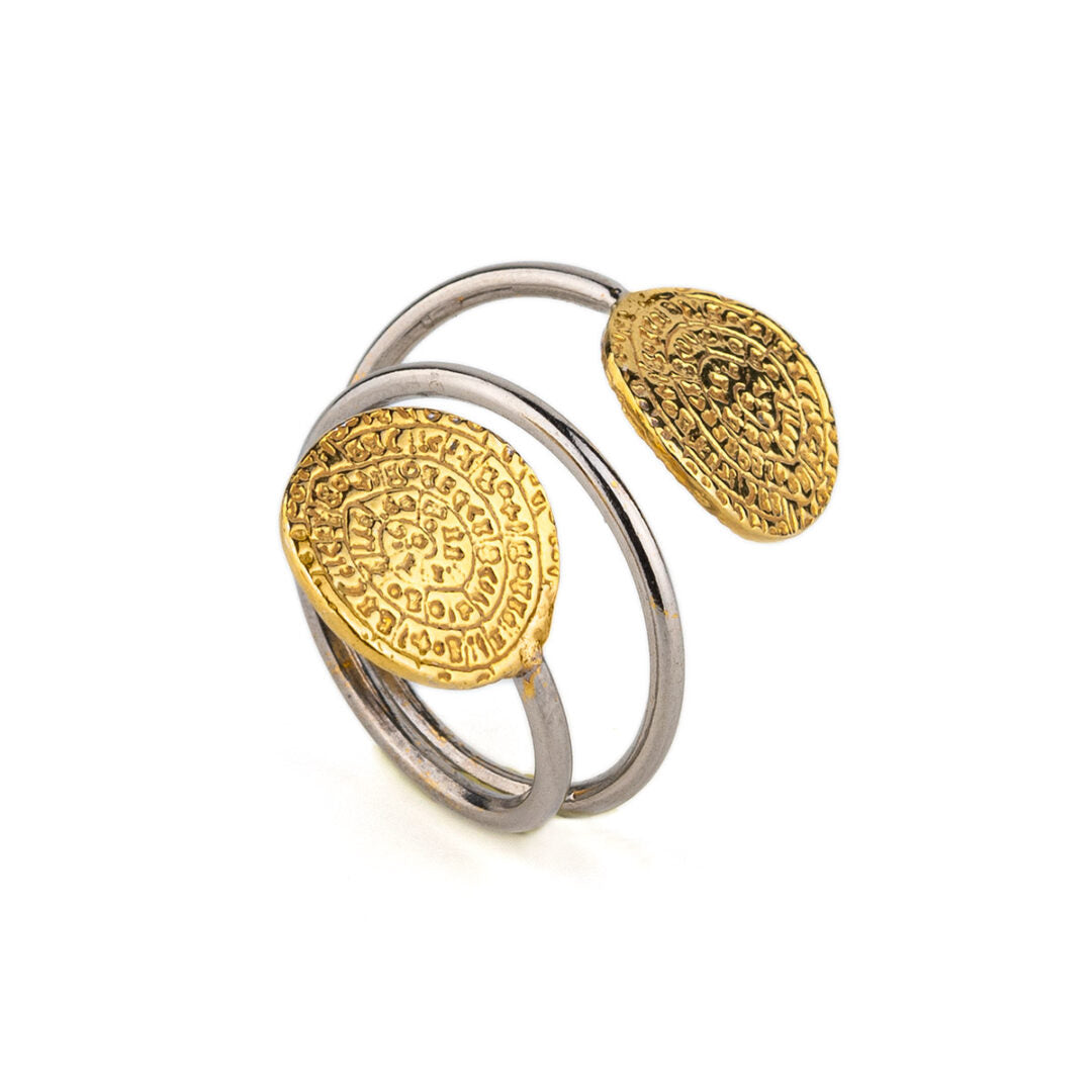 Double Phaistos Disc Ring – Sterling Silver and Gold Plated