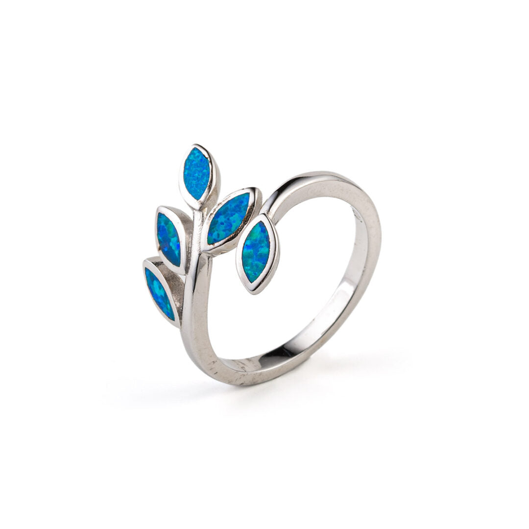 Blue Opal Olive Leaf Ring- 925 Sterling Silver