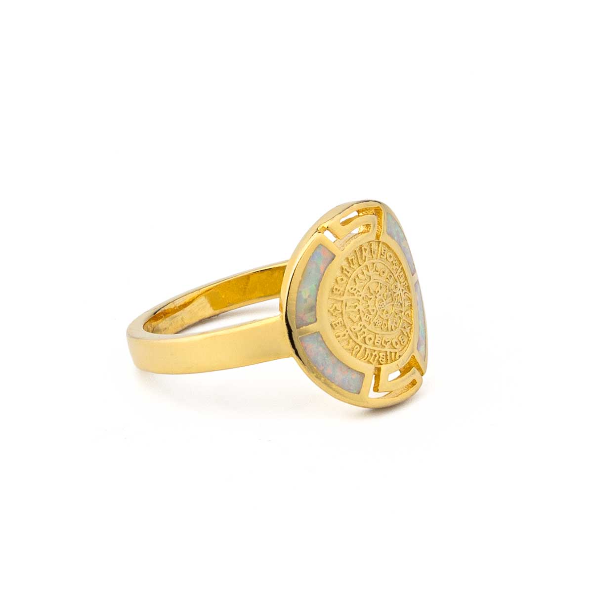 Meandros and Phaistos Disc Ring in 925 Sterling Silver with White Opal