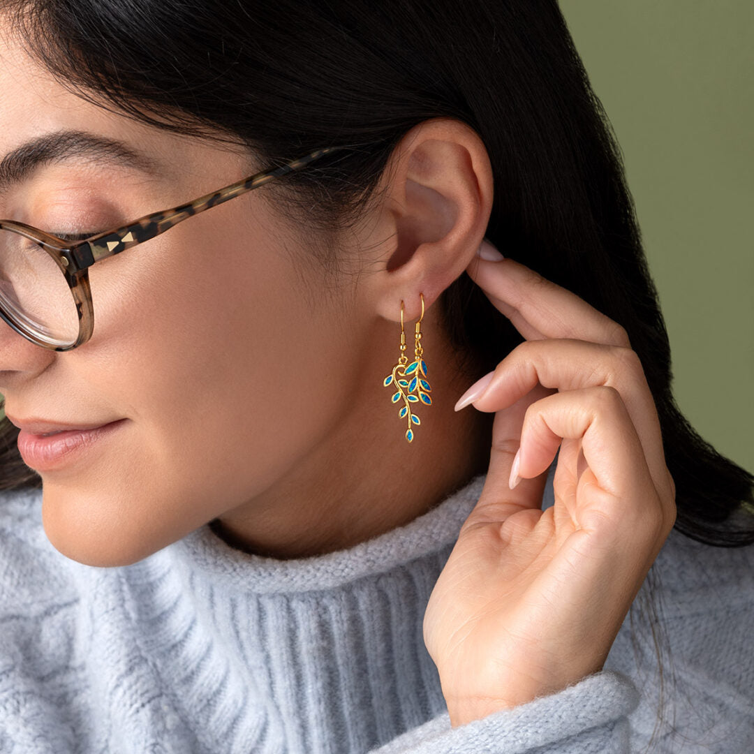 Olive Leaf Opal Golden Earrings - Sterling Silver