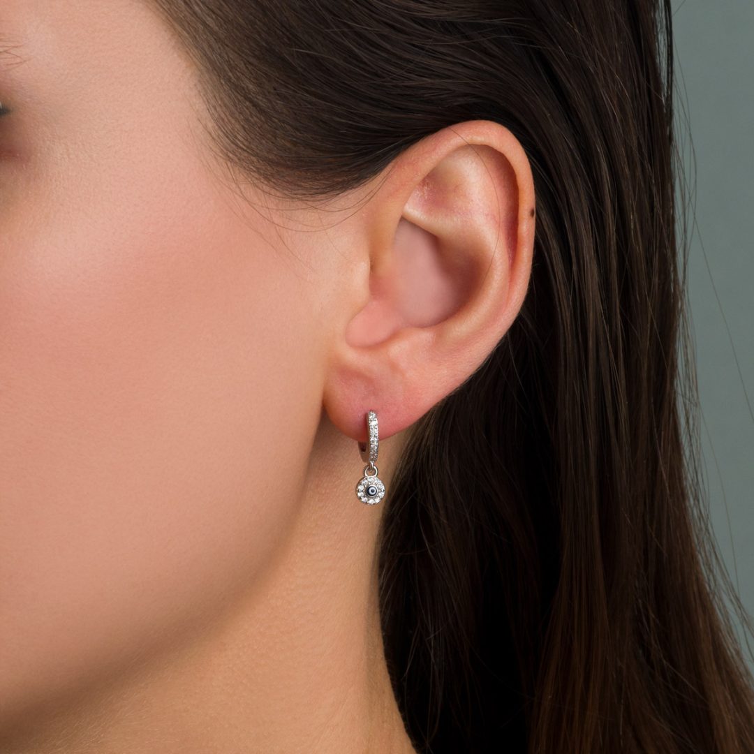 Evil Eye Charm Hoop Earrings in 925 Sterling Silver with Zircon