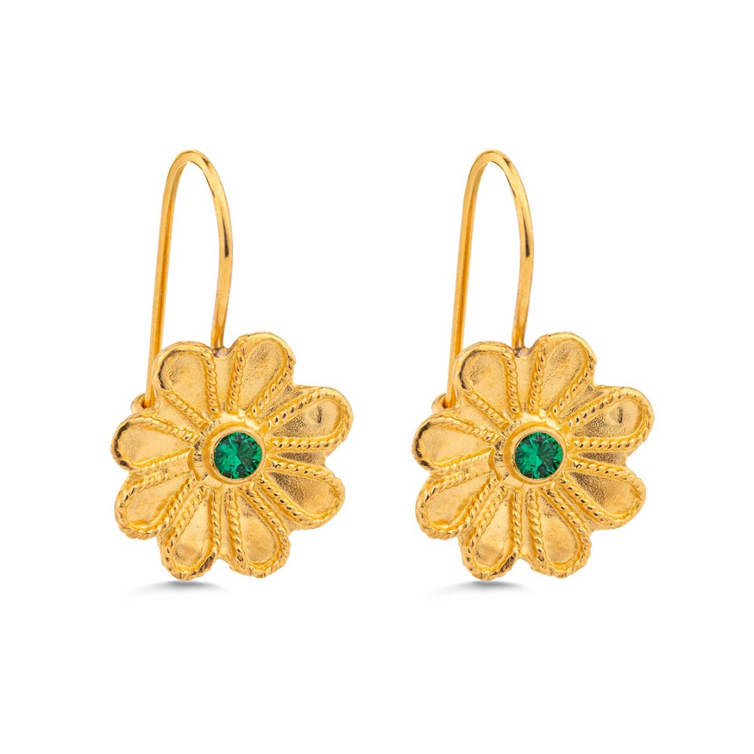 Byzantine Flower Earrings in 925 Sterling Silver Gold-Plated with Zircon — Green
