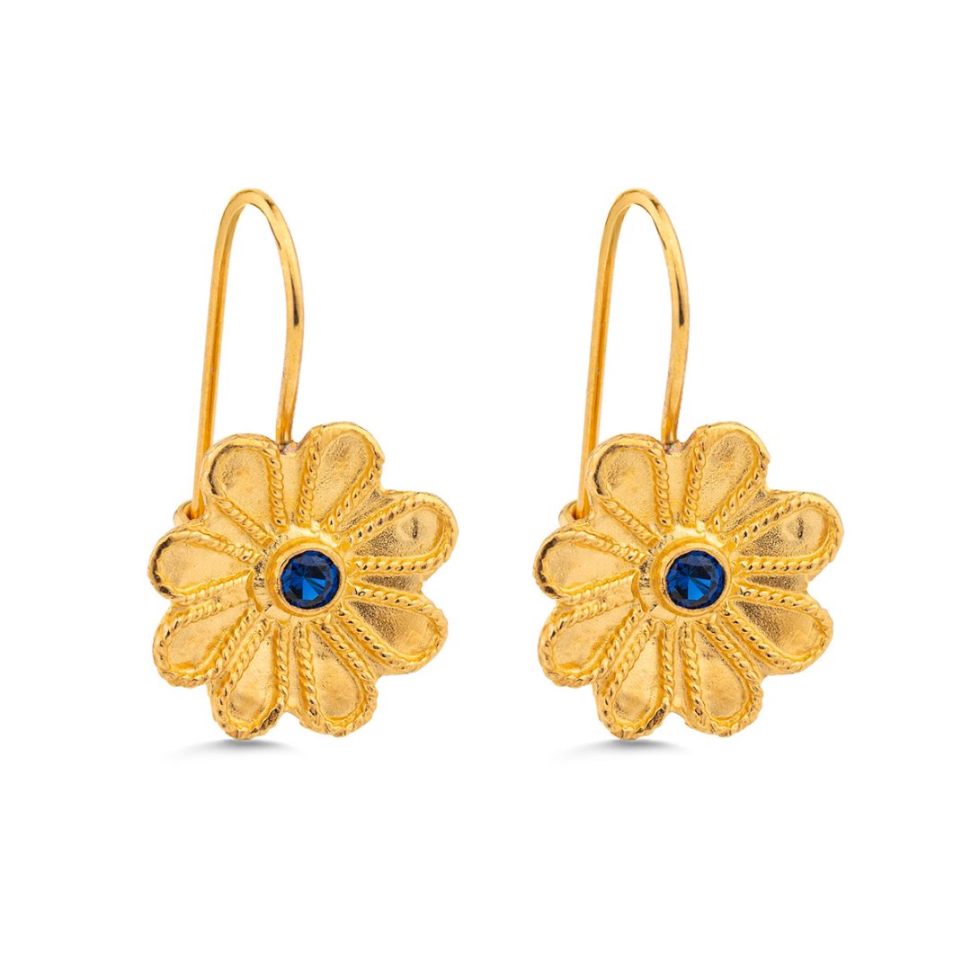 Byzantine Flower Earrings in 925 Sterling Silver Gold-Plated with Zircon — Blue