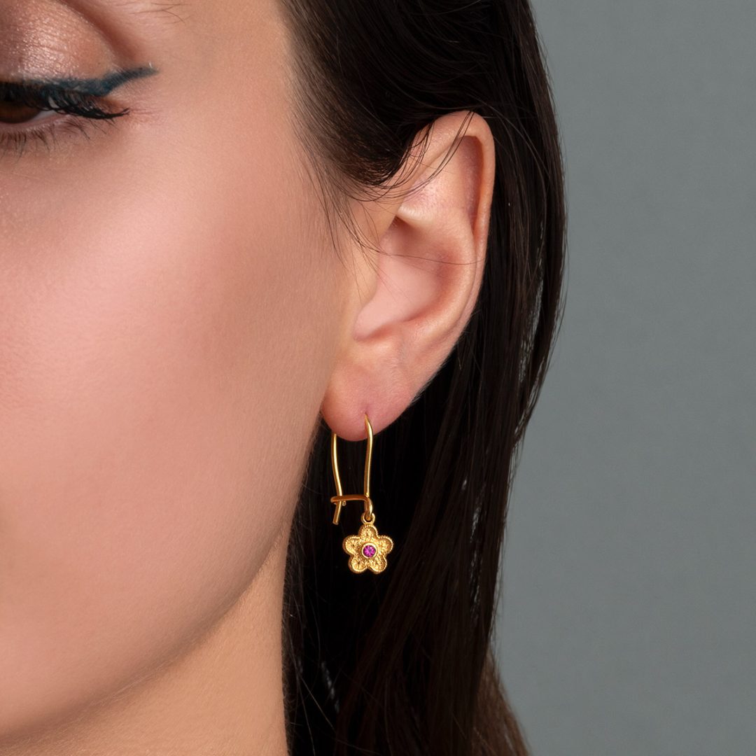 Byzantine Flower Drop Earrings with Zircon — Green