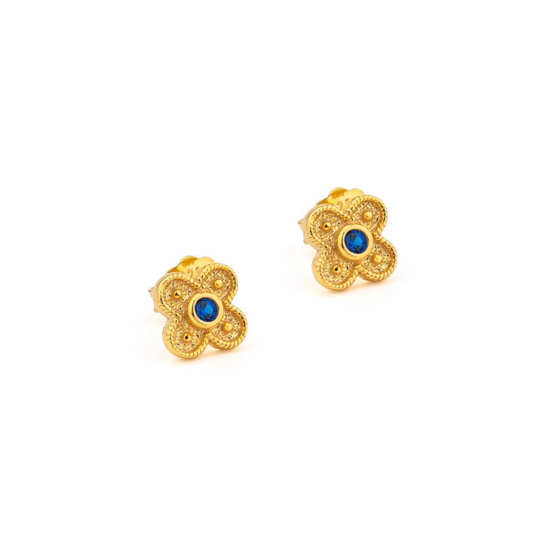 Byzantine Mini Flower Earrings with Zircon — Blue