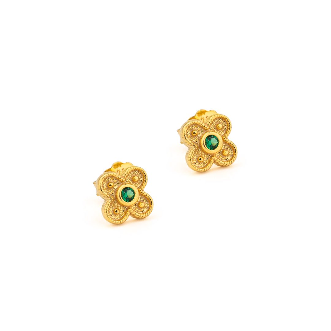 Byzantine Mini Flower Earrings with Zircon — Green