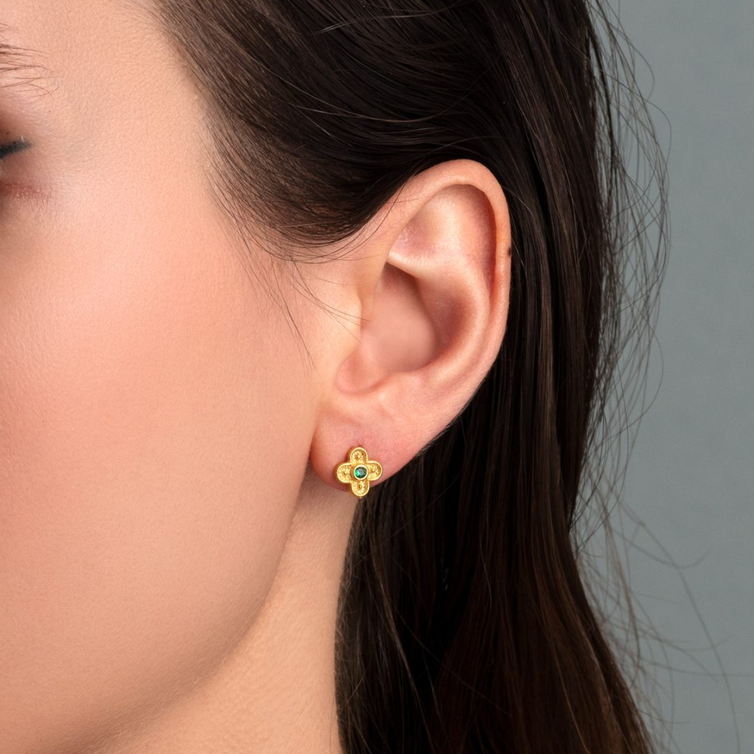Byzantine Mini Flower Earrings with Zircon — Red