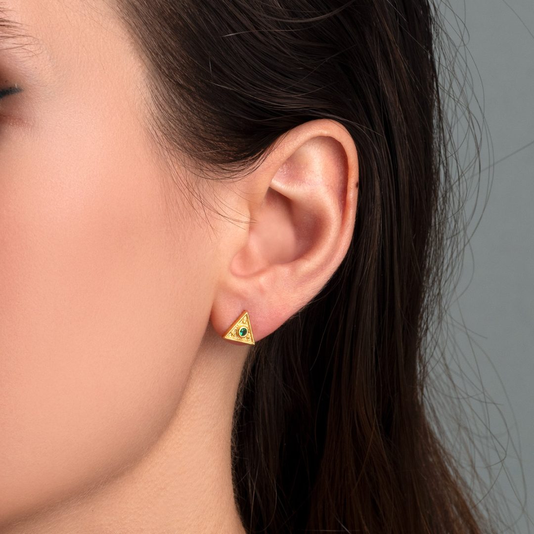 Byzantine Mini Triangle Earrings with Zircon — Green