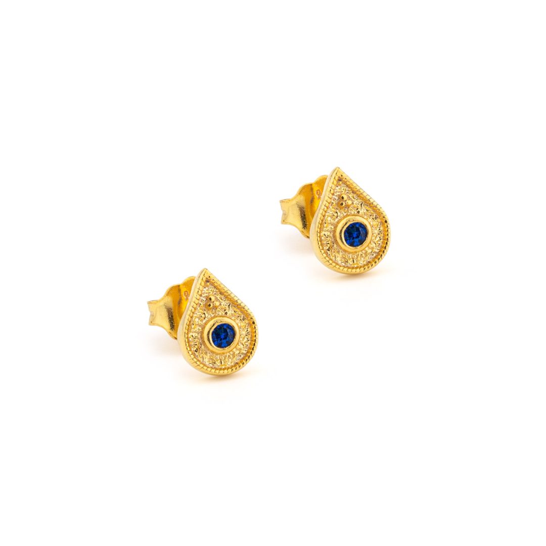 Byzantine Mini Tear Drop Stud Earrings with Zircon — Blue