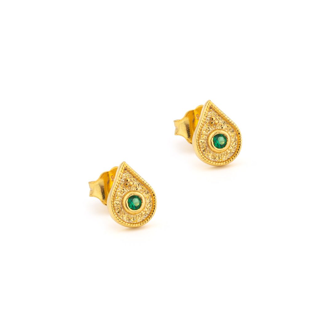 Byzantine Mini Tear Drop Stud Earrings with Zircon — Green