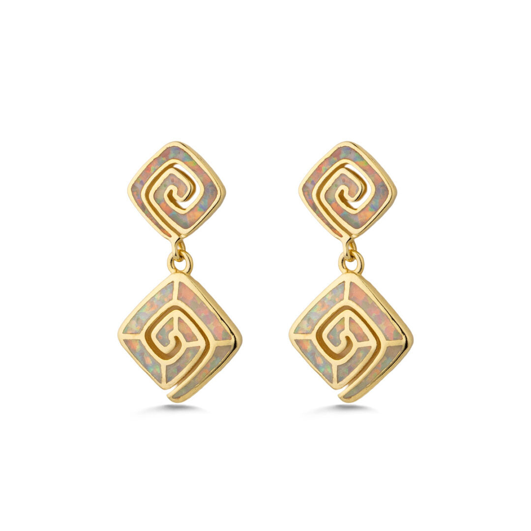 Opal Meander Dangling Earrings - Sterling Silver 925 Gold Plated