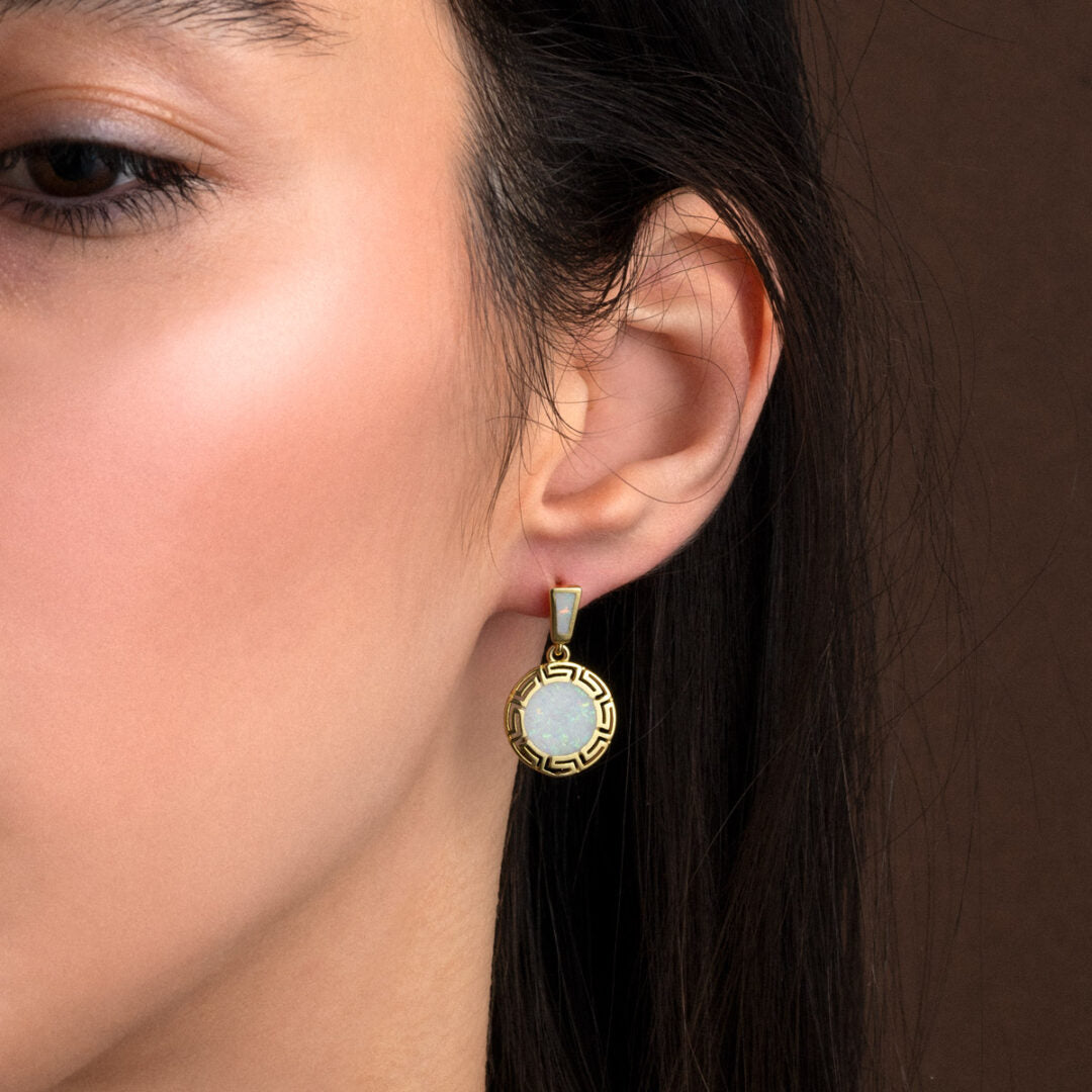 White Opal Meander Drop Earrings - Sterling Silver 925 Gold Plated