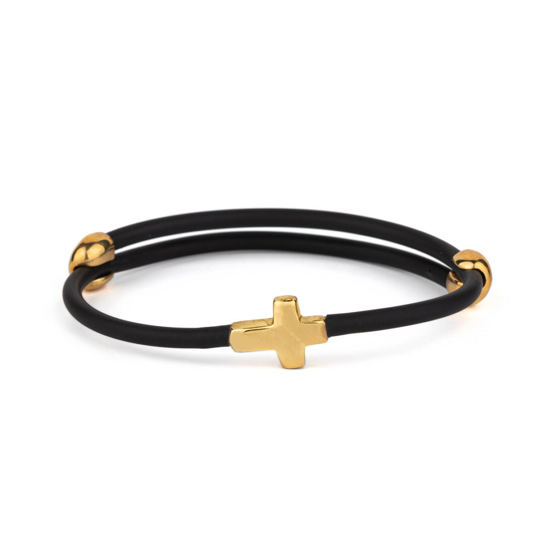 Cross Black Caoutchouc Bracelet – 925 Sterling Silver and Gold Plated