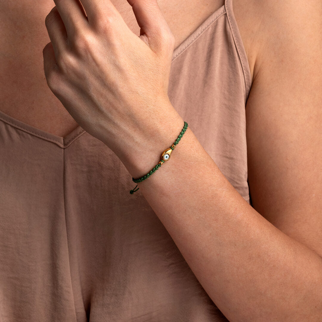 Evil Eye Green Macrame Bracelet – 925 Sterling Silver and Gold Plated