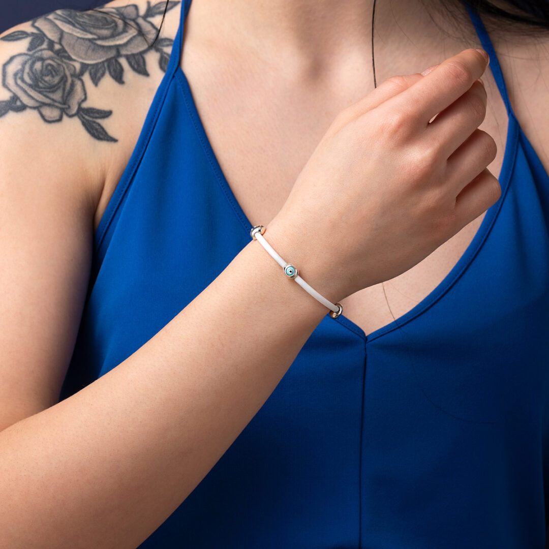 Round Evil Eye White Caoutchouc Bracelet – Sterling Silver