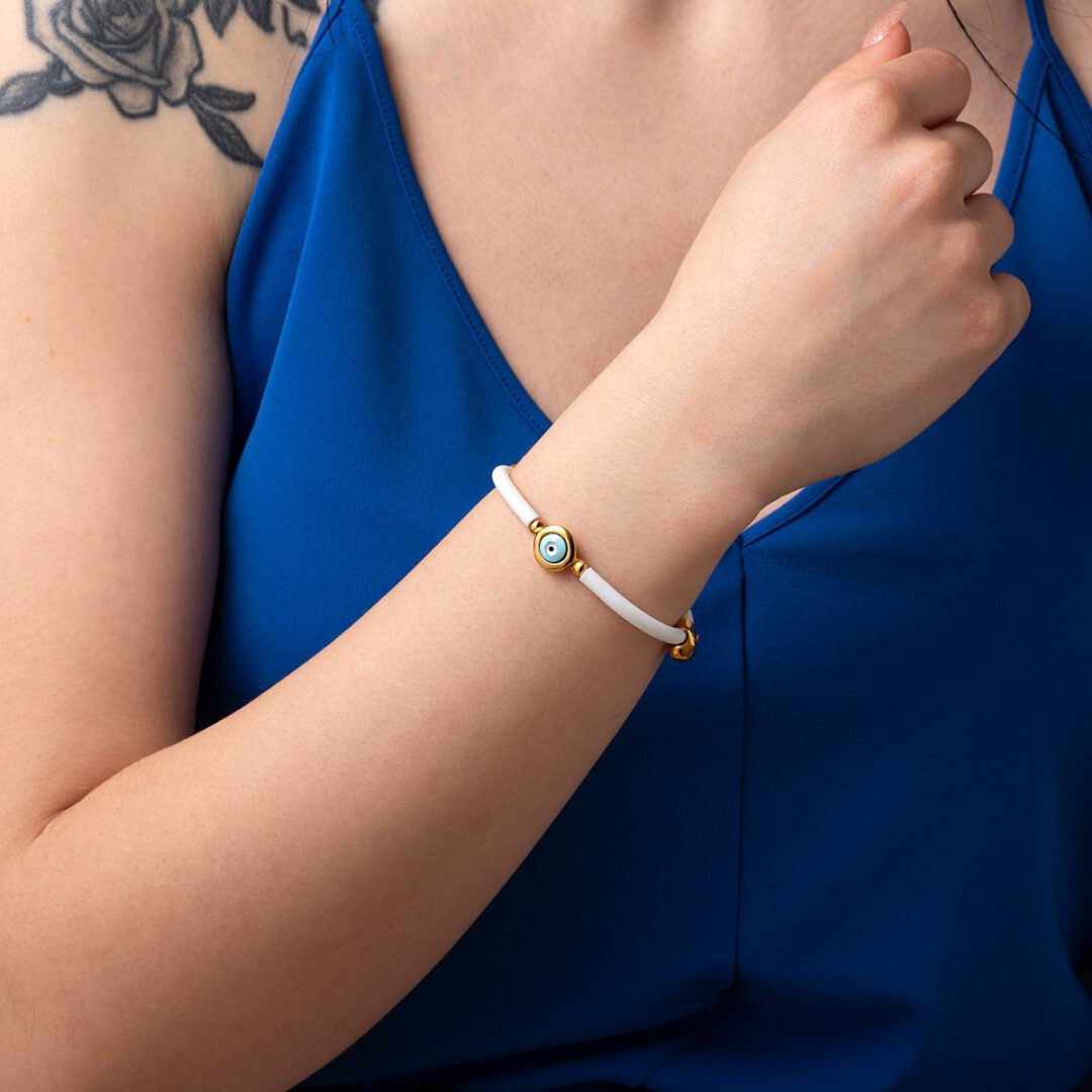 Round Eye White Caoutchouc Bracelet – Sterling Silver and Gold Plated