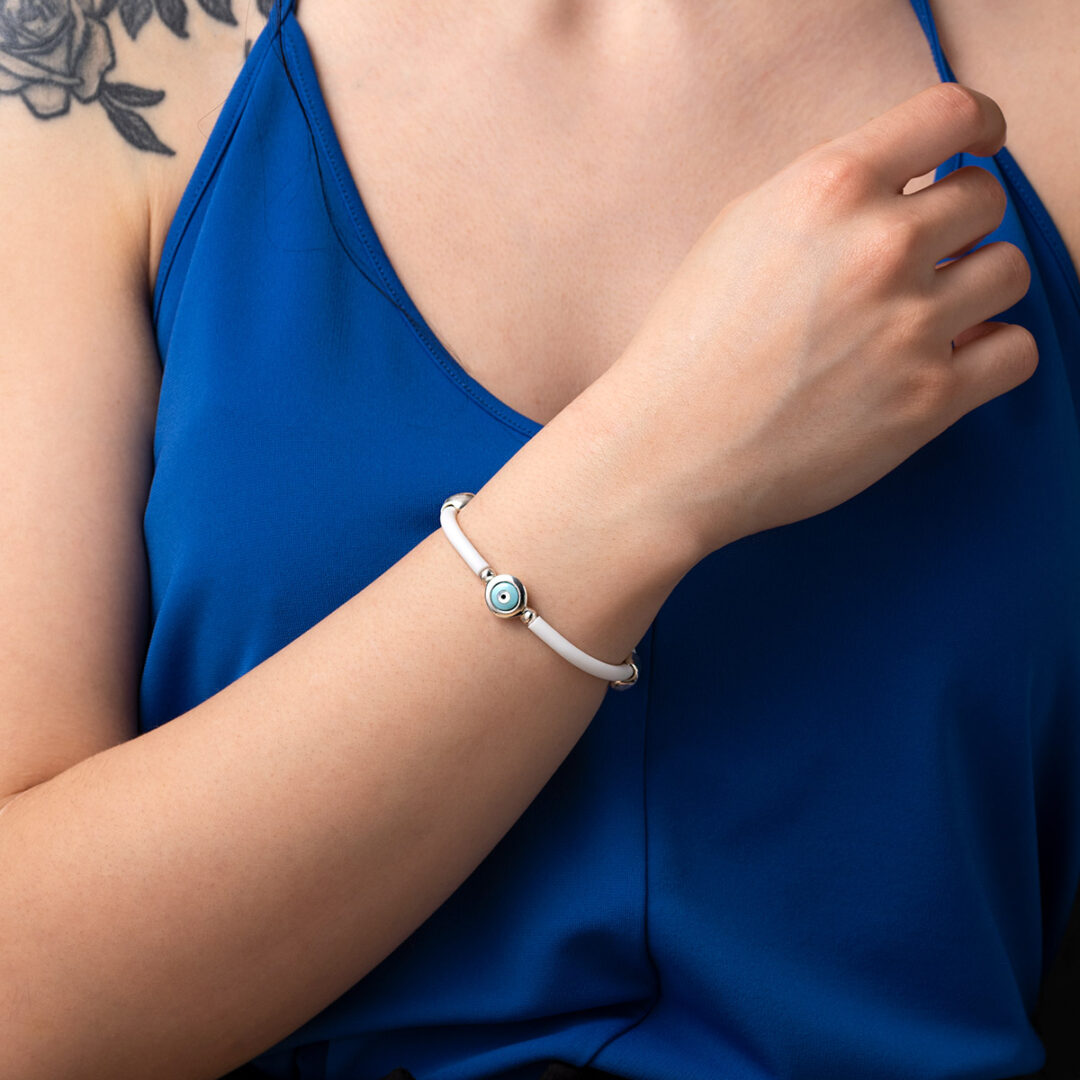 Round Eye White Caoutchouc Bracelet – Sterling Silver 925