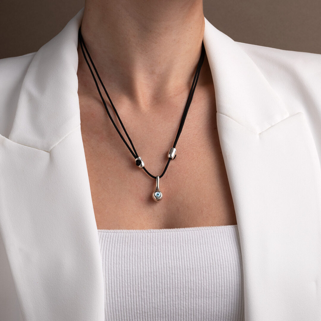 Black Cord Circle Eye Necklace – Sterling Silver